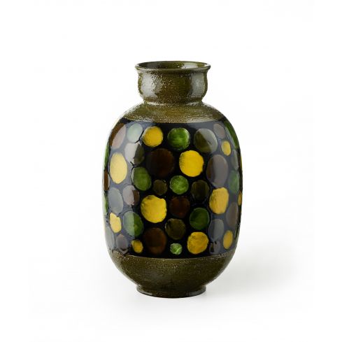 GREEN VASE WITH CIRCLES ON BLACK BAND RE-EDITION HISTORICAL ARCHIVE ALDO LONDI